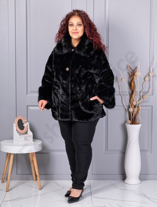 Palton maxi din blana eco cu guler cochet-negru cod 230129