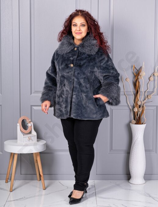 Palton maxi din blana eco cu guler cochet-gri cod 230129-6