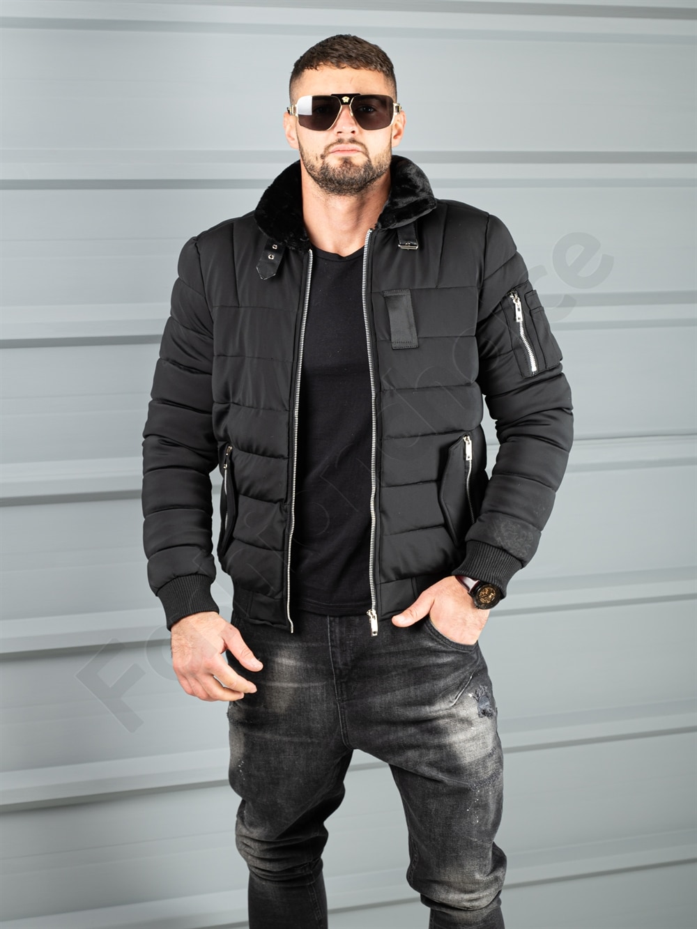 Geaca bomber pentru iarna din material rezistend la apa-negru cod 17301