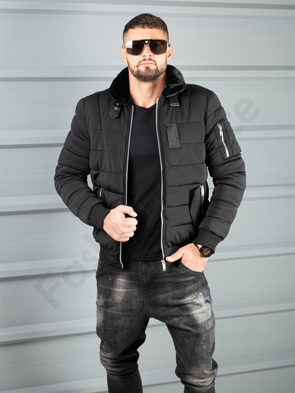 Geaca bomber pentru iarna din material rezistend la apa-negru cod 17301