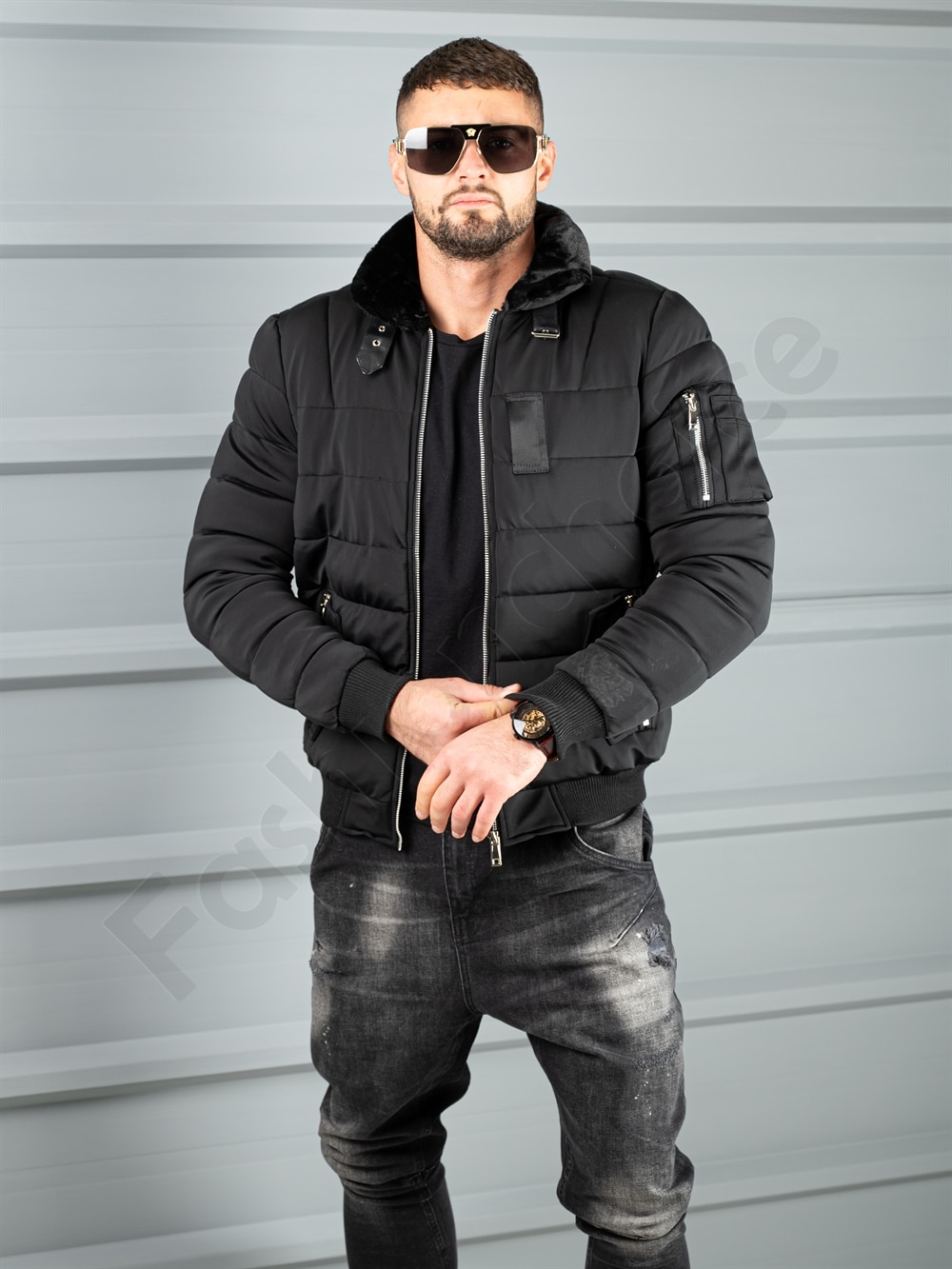 Geaca bomber pentru iarna din material rezistend la apa-negru cod 17301