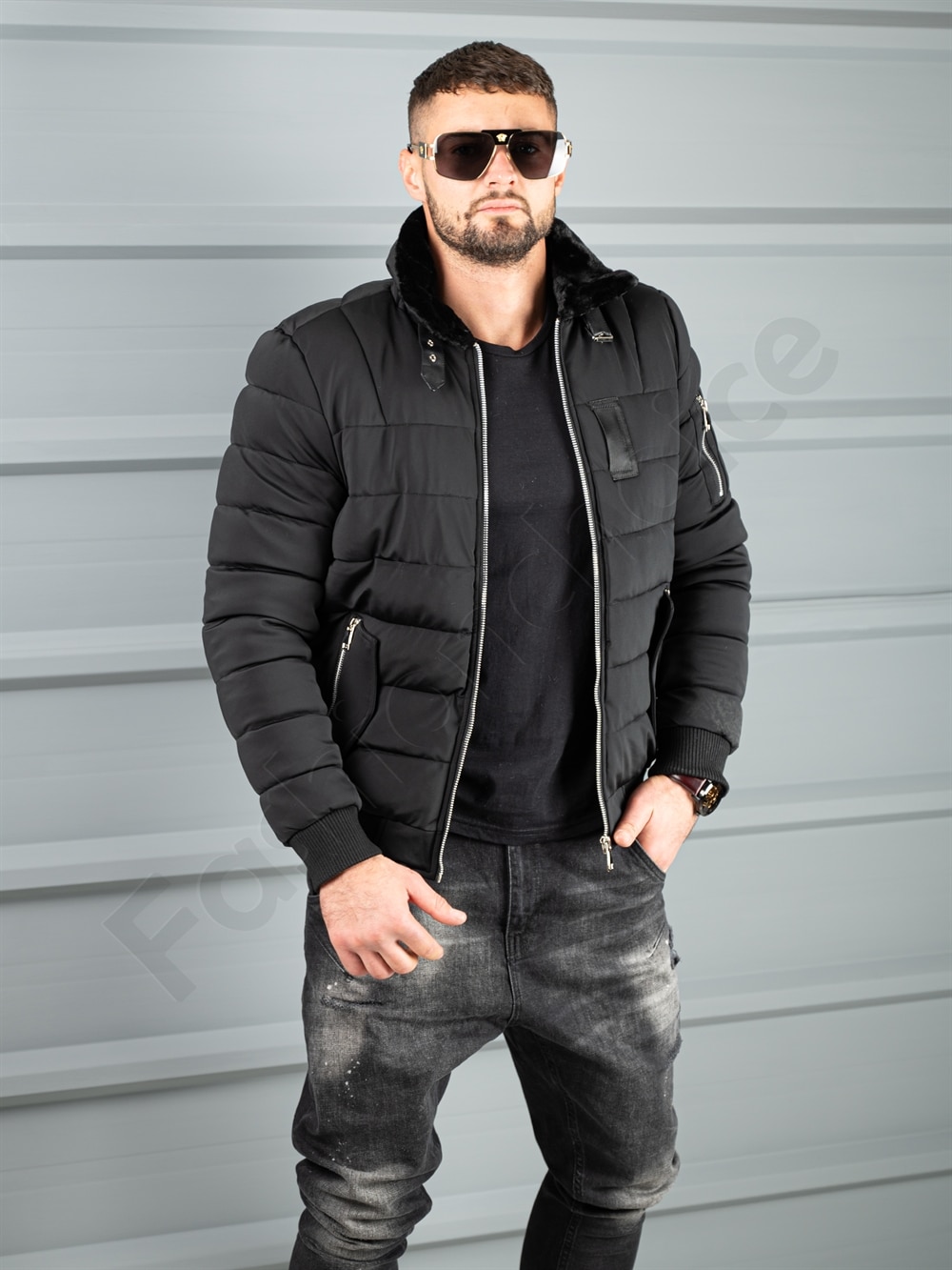 Geaca bomber pentru iarna din material rezistend la apa-negru cod 17301