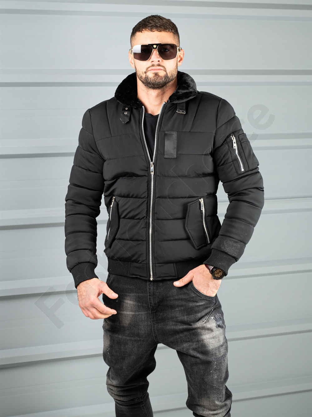 Geaca bomber pentru iarna din material rezistend la apa-negru cod 17301