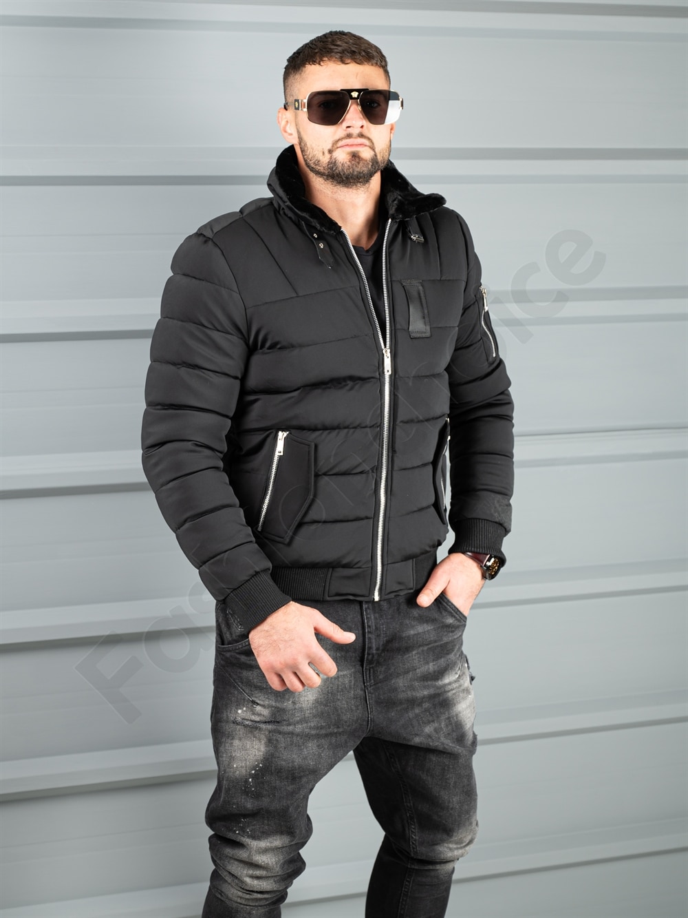 Geaca bomber pentru iarna din material rezistend la apa-negru cod 17301