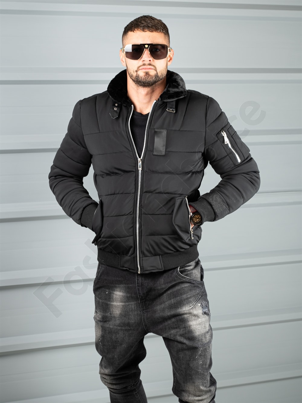Geaca bomber pentru iarna din material rezistend la apa-negru cod 17301