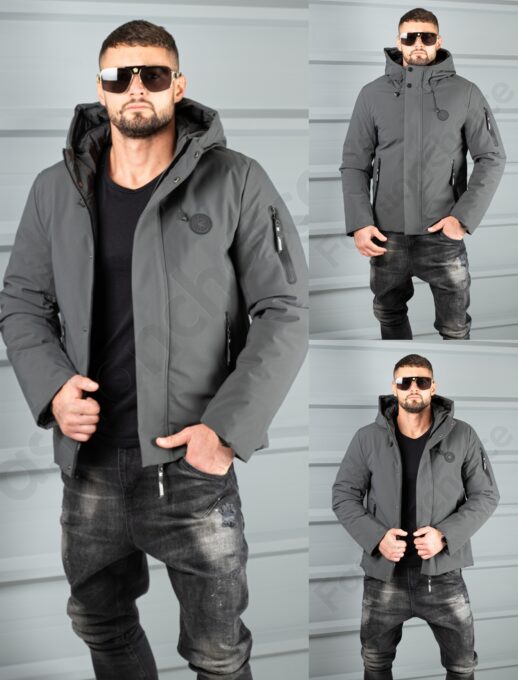 Geaca barbati pentru iarna cu guler inalt si gluga-grafit cod 5332-1