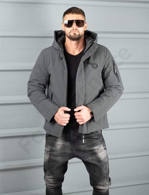 Geaca barbati pentru iarna cu guler inalt si gluga-grafit cod 5332-1