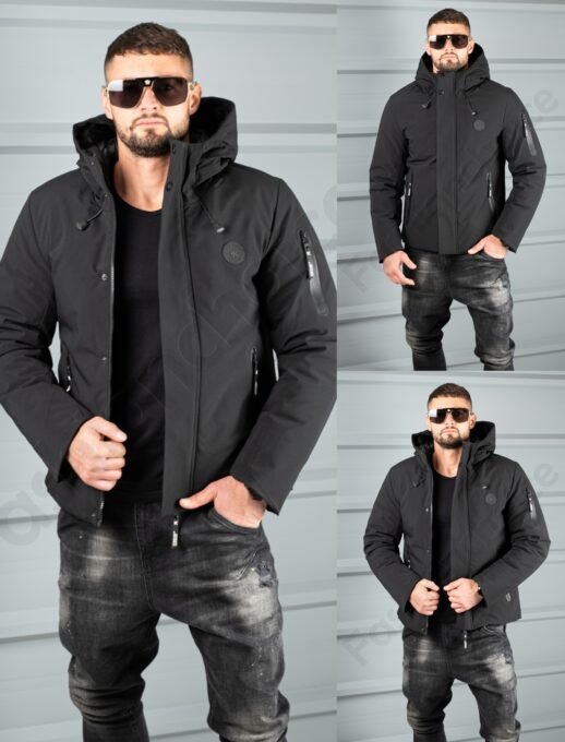 Geaca barbati pentru iarna cu guler inalt si gluga-negru cod 5332