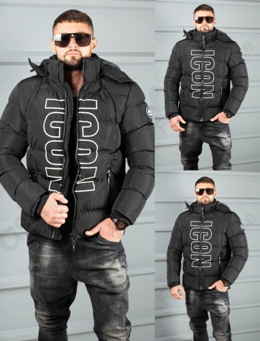 Geaca groasa pentru barbati cu gluga si inscris modern-negru cod 1356