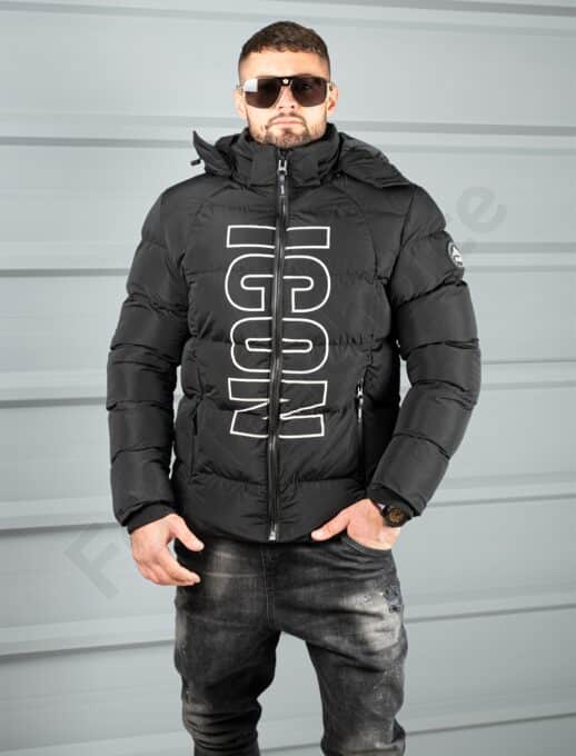 Geaca groasa pentru barbati cu gluga si inscris modern-negru cod 1356