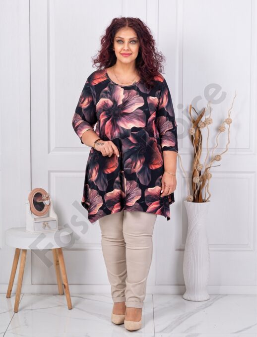 Tunica maxi cu elastan si imprimeu floral-roz cod 25116-4