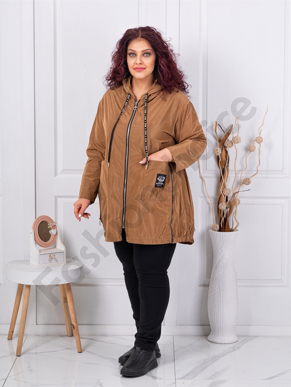 Trenci maxi din fas cu fermoare metalice-camel cod 9436-2