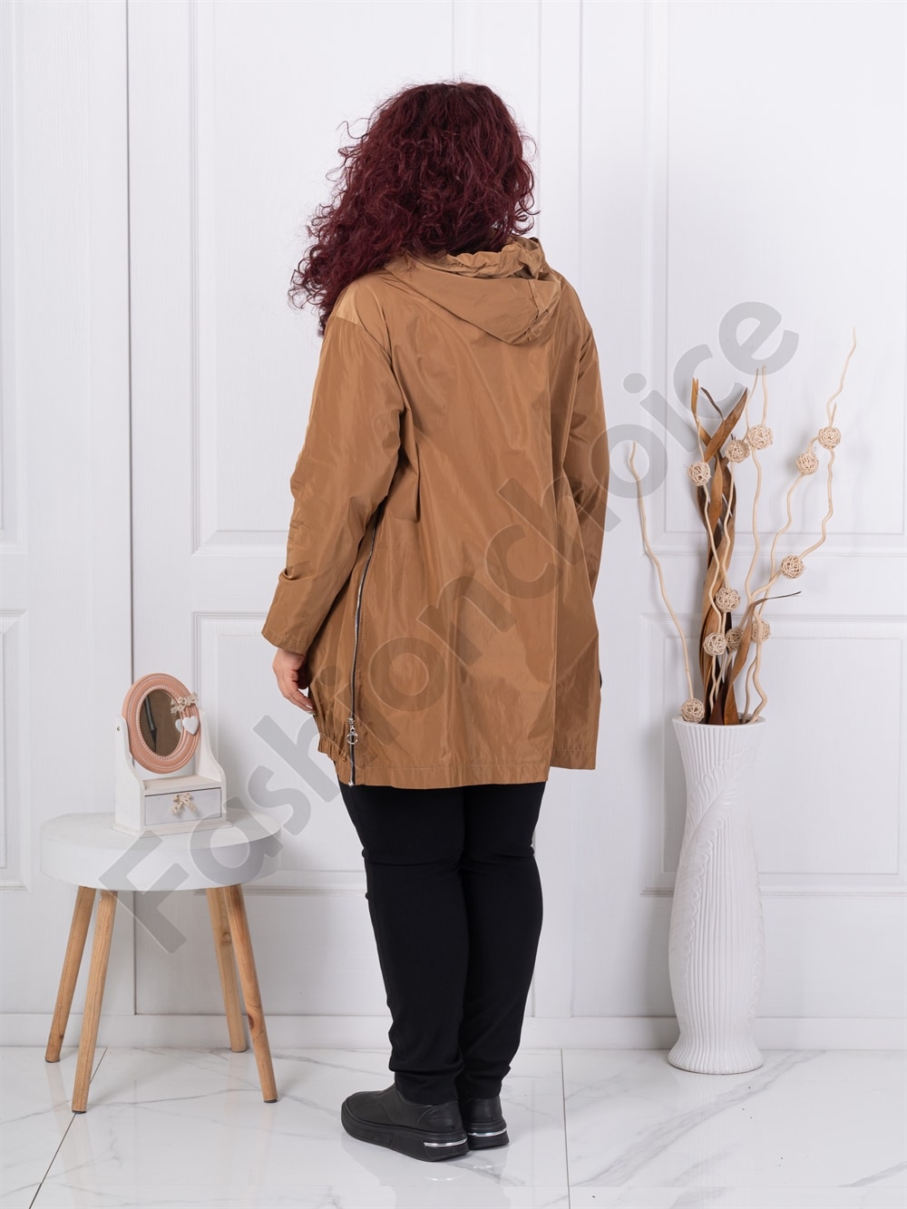 Trenci maxi din fas cu fermoare metalice-camel cod 9436-2