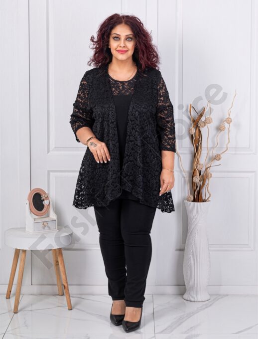 Set elegant cu blazer din dantela si bluza-negru-cod 1321