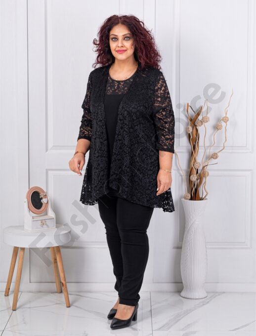 Set elegant cu blazer din dantela si bluza-negru-cod 1321
