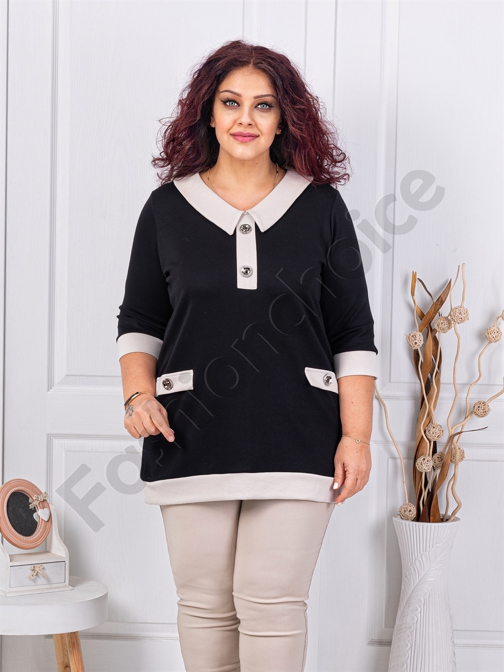 Tunica maxi cu elastan si guler elegant cu nasturi-negru cod 261475-4