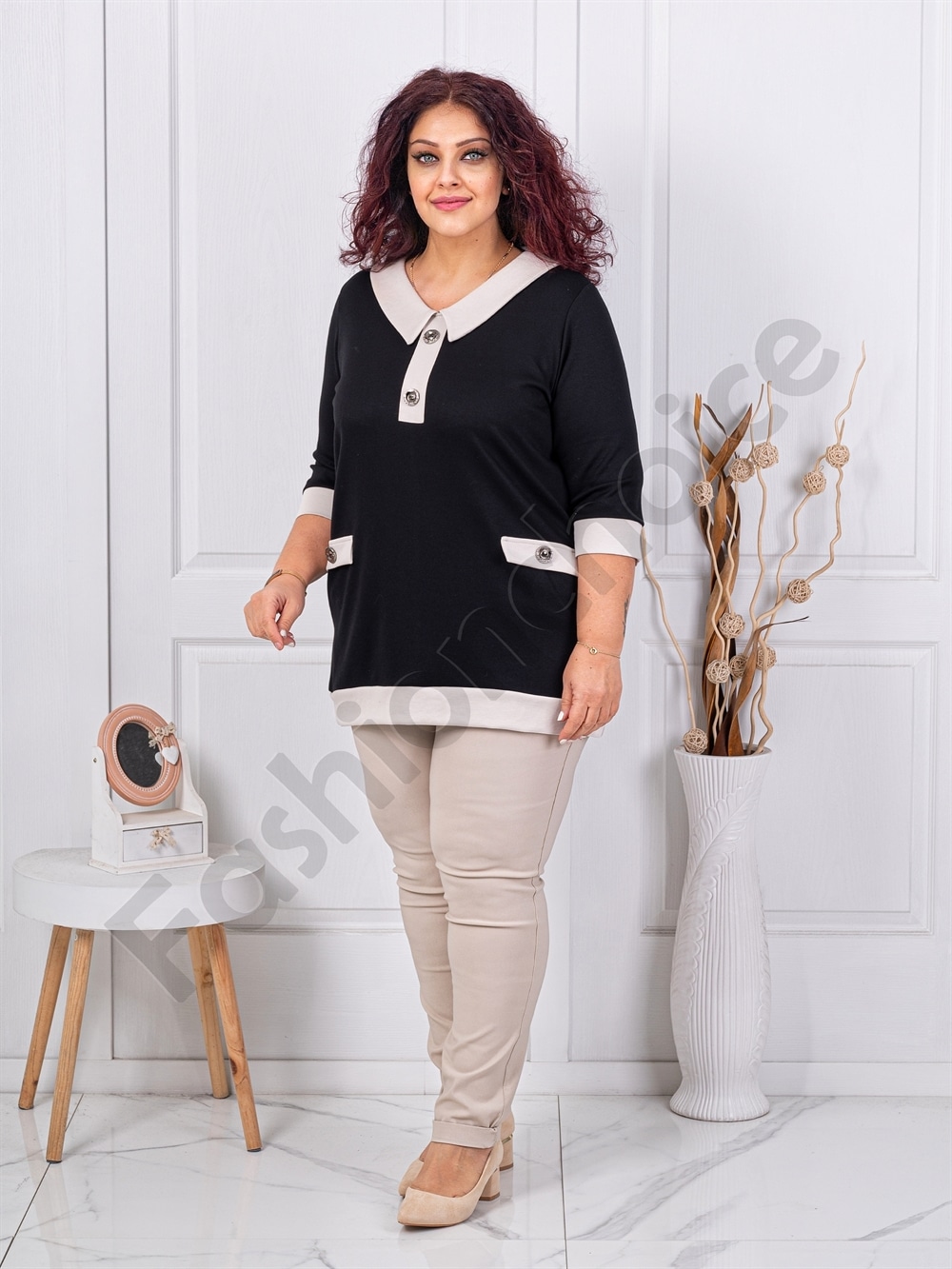 Tunica maxi cu elastan si guler elegant cu nasturi-negru cod 261475-4