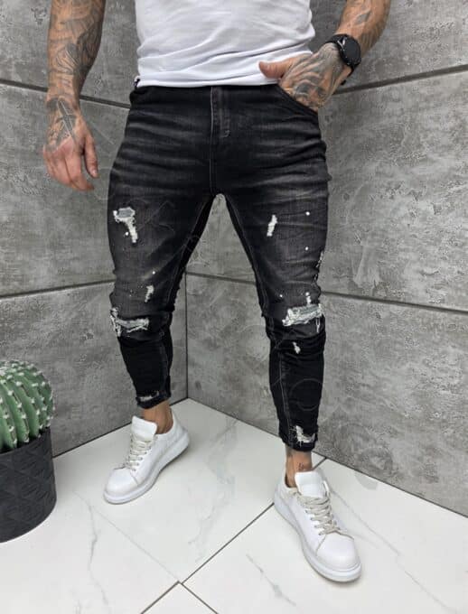 Blugi Skinny pentru barbati cu efect rupt si stropi albi-negru cod 1082