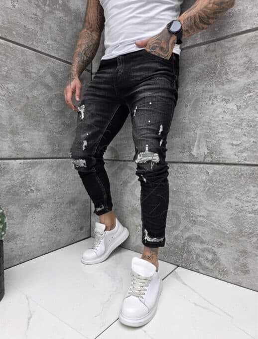 Blugi Skinny pentru barbati cu efect rupt si stropi albi-negru cod 1082