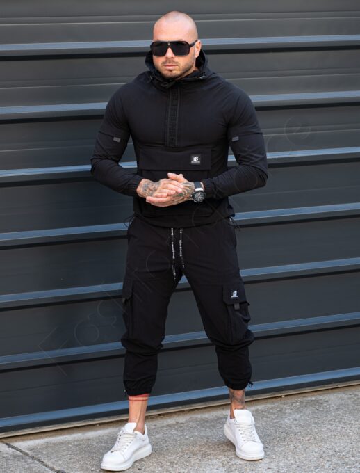 Compleu pentru barbati din fas cu hanorac hoodie si gluga-negru cod 257111