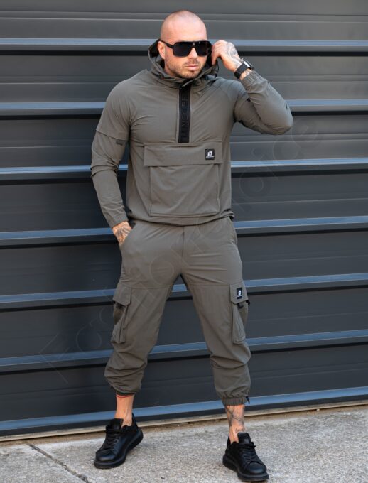 Compleu pentru barbati din fas cu hanorac hoodie si gluga-kaki cod 257111-1