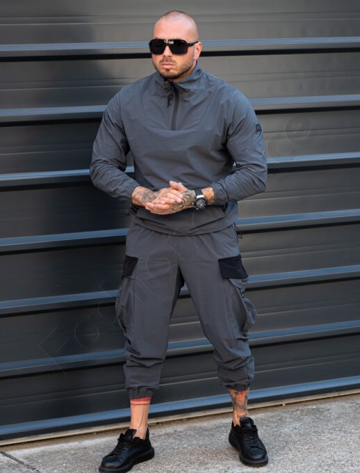 Compleu pentru barbati din fas cu hanorac hoodie si buzunare cargo-gri cod 7115-2