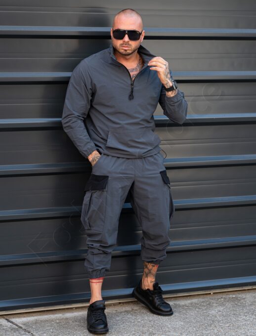 Compleu pentru barbati din fas cu hanorac hoodie si buzunare cargo-gri cod 7115-2