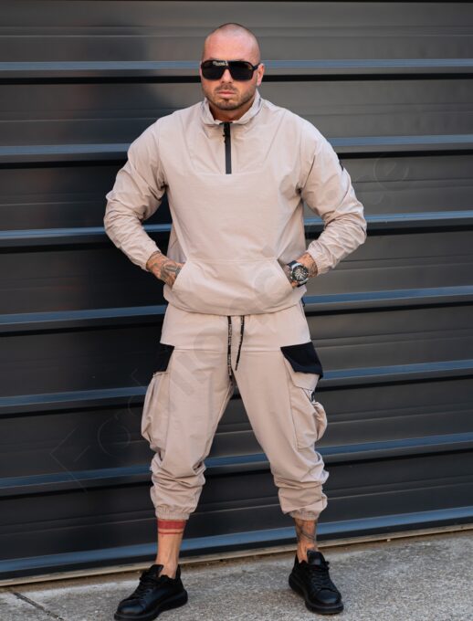 Compleu pentru barbati din fas cu hanorac hoodie si buzunare cargo-bej cod 7115-1