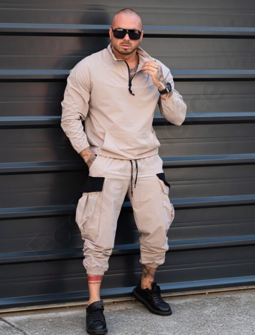 Compleu pentru barbati din fas cu hanorac hoodie si buzunare cargo-bej cod 7115-1