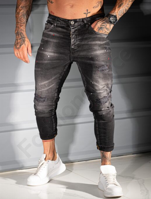 Blugi Slim Fit pentru barbati cu efect stropit-negru cod 957