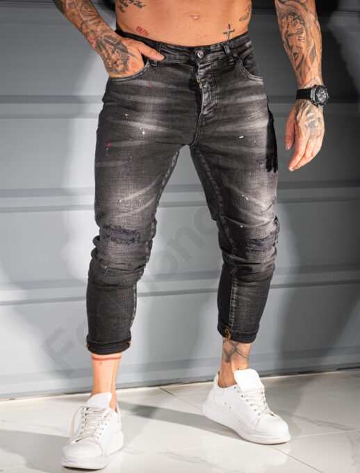 Blugi Slim Fit pentru barbati cu efect stropit-negru cod 957