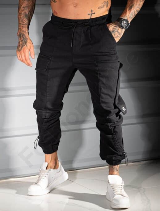 Pantalon jogger pentru barbati cu buzunare cargo in parti-negru cod 3108