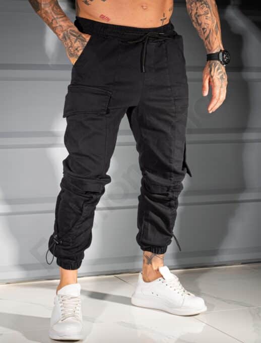 Pantalon jogger pentru barbati cu buzunare cargo in parti-negru cod 3108
