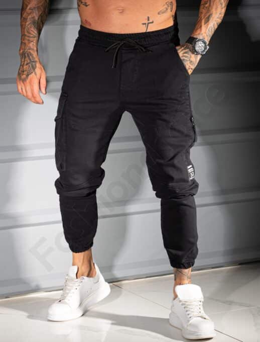 Pantalon jogger din material gros cu fermoar lateral-negru cod 3112