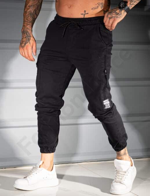 Pantalon jogger din material gros cu fermoar lateral-negru cod 3112