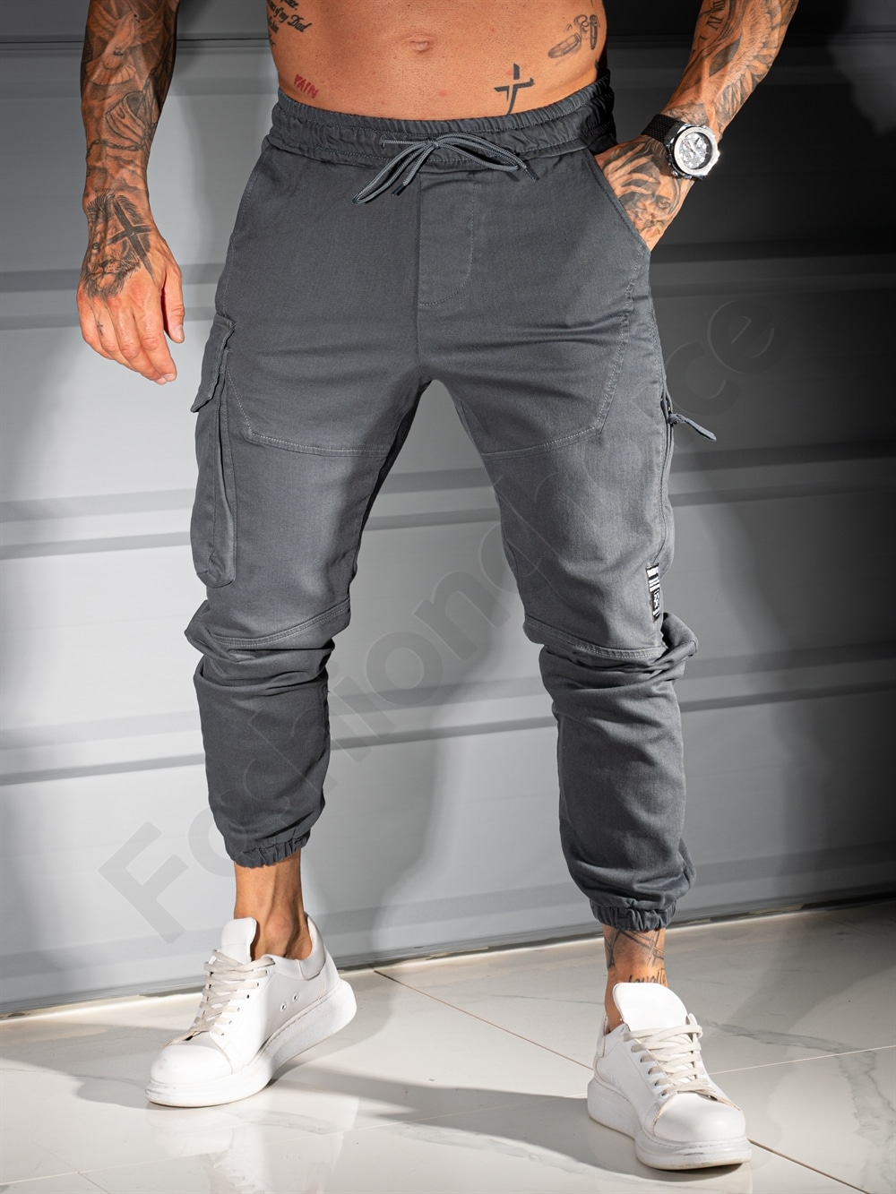 Pantalon jogger din material gros cu fermoar lateral-gri cod 3112-1