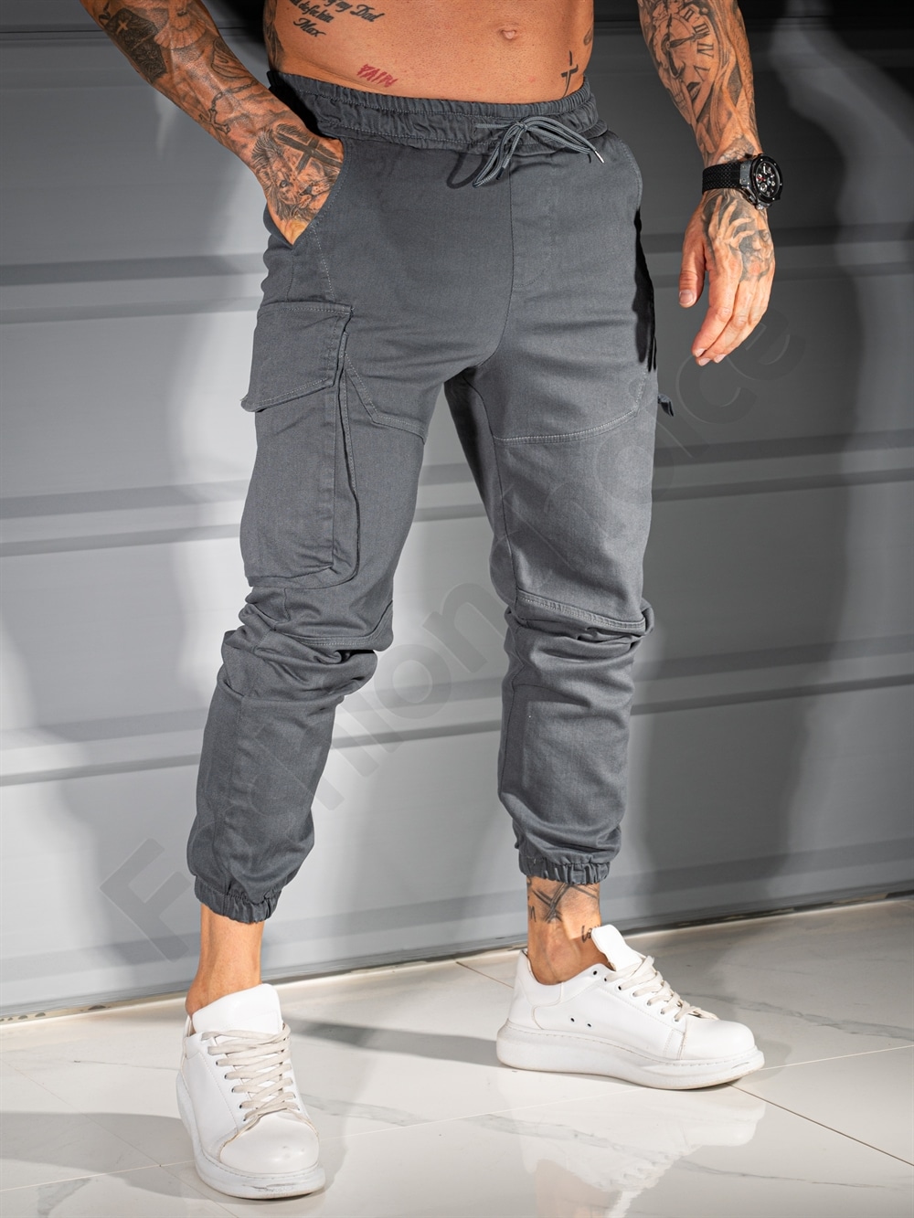 Pantalon jogger din material gros cu fermoar lateral-gri cod 3112-1