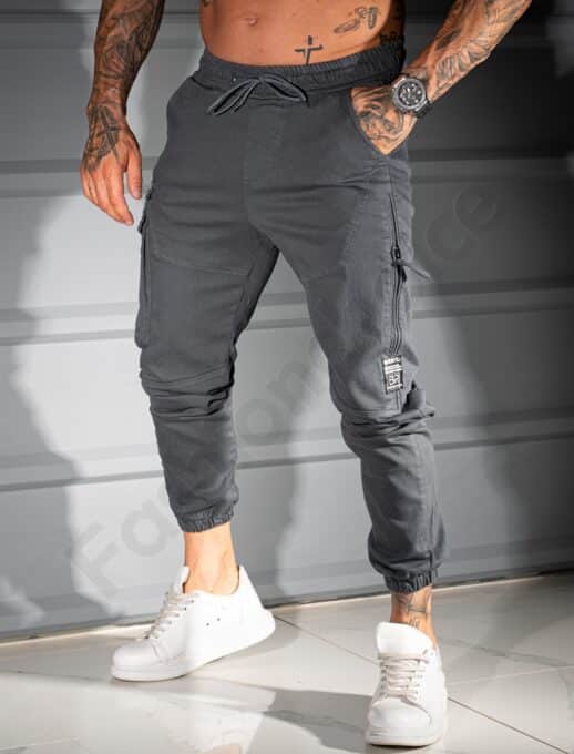Pantalon jogger din material gros cu fermoar lateral-gri cod 3112-1