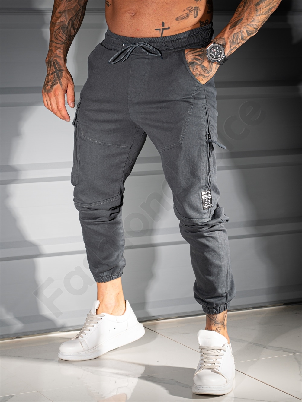 Pantalon jogger din material gros cu fermoar lateral-gri cod 3112-1