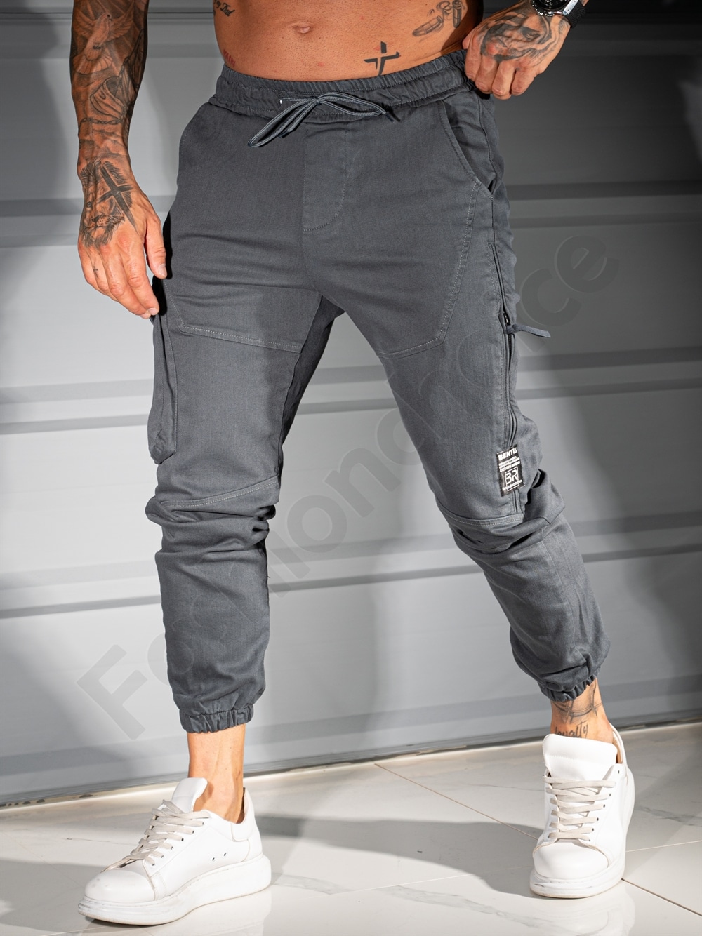 Pantalon jogger din material gros cu fermoar lateral-gri cod 3112-1