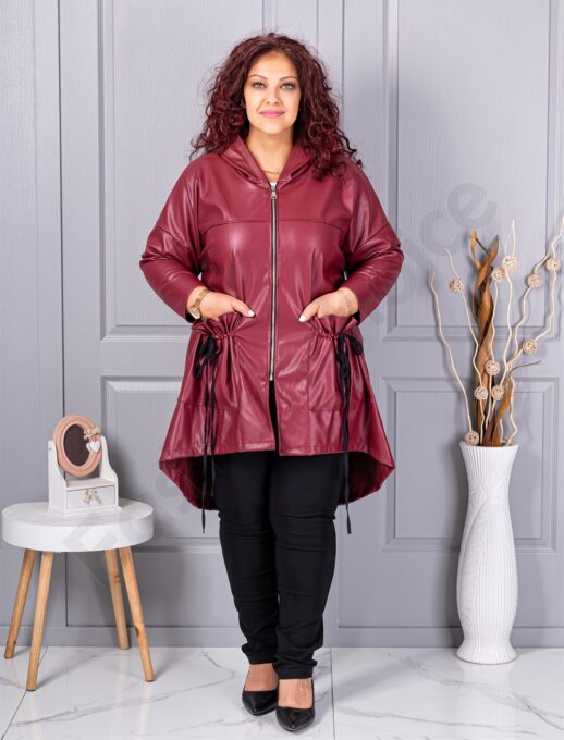 Trenci maxi din piele cu buzunare moderne-bordo-cod 2966-2