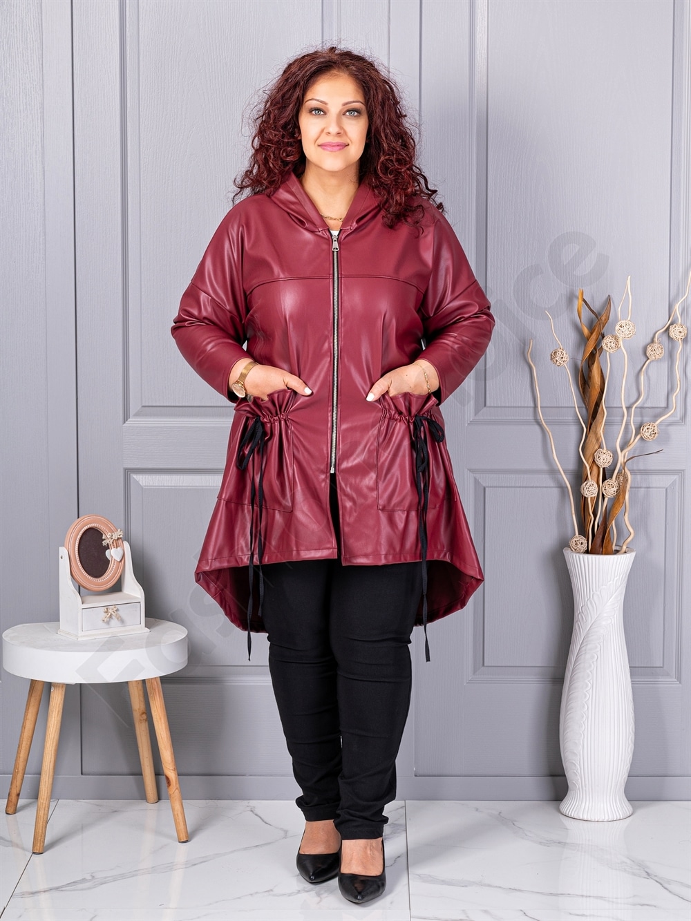 Trenci maxi din piele cu buzunare moderne-bordo-cod 2966-2