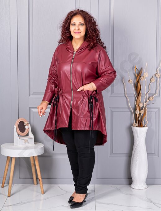 Trenci maxi din piele cu buzunare moderne-bordo-cod 2966-2