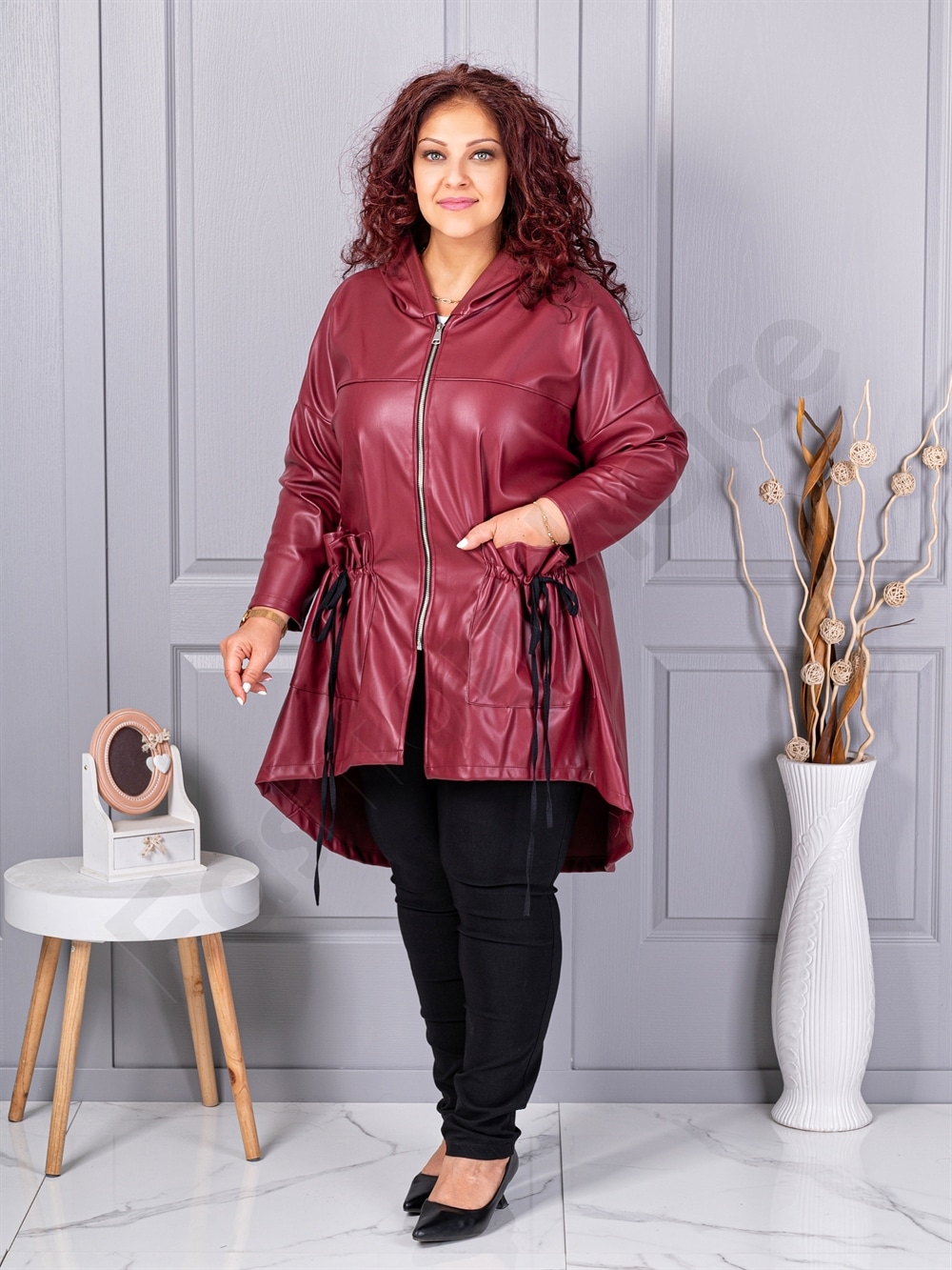 Trenci maxi din piele cu buzunare moderne-bordo-cod 2966-2