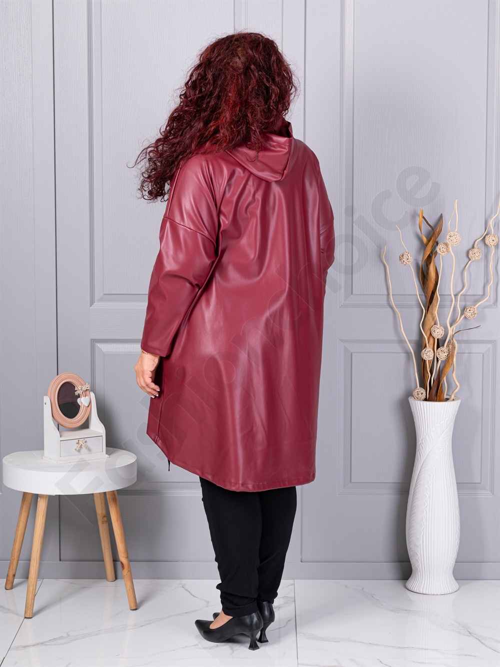 Trenci maxi din piele cu buzunare moderne-bordo-cod 2966-2
