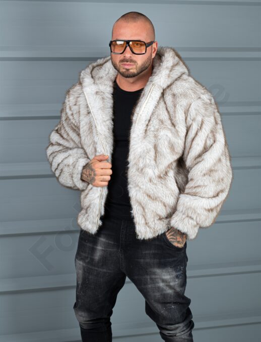 Geaca barbati din blana eco cu gluga THE WOLF-bej cod 10H03-1