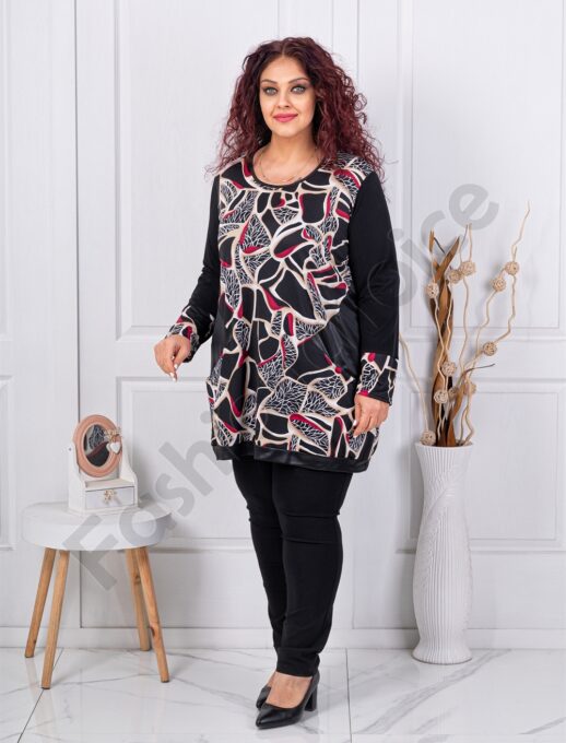 Tunica maxi cu imprimeu abstract in combinatie cu material lucios cod 261303-1