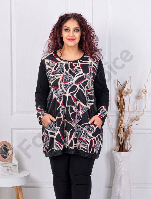 Tunica maxi cu imprimeu abstract in combinatie cu material lucios cod 261303-1