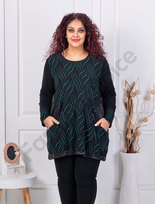 Tunica maxi cu imprimeu modern in combinatie cu material lucios-verde cod 261303
