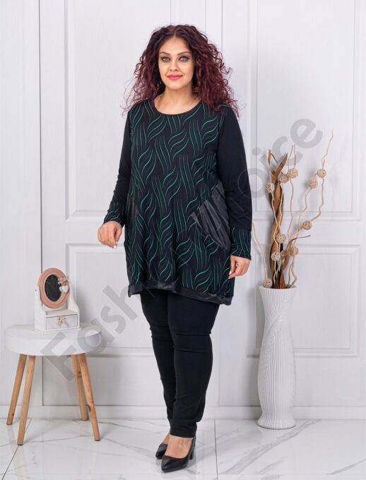 Tunica maxi cu imprimeu modern in combinatie cu material lucios-verde cod 261303